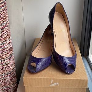 Royal purple peep toe Louboutin kitten mid heel